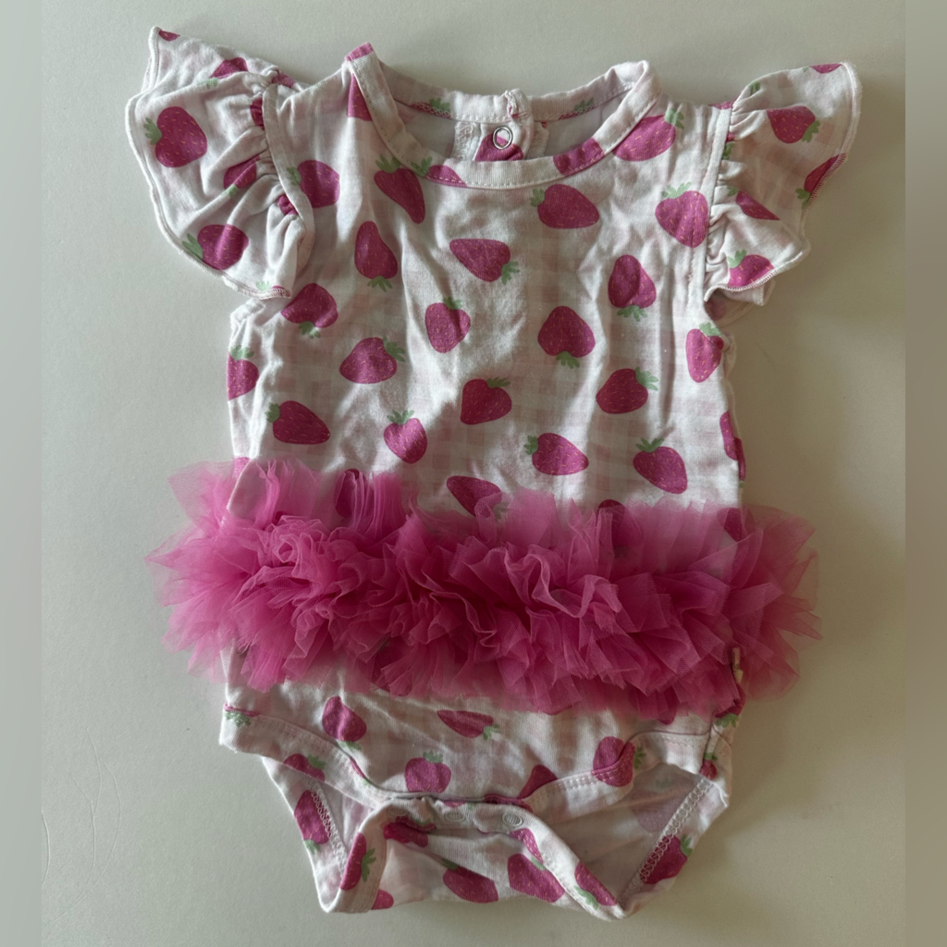 Milkberry Pink Strawberry Ruffle Tulle Baby One-Piece Bodysuit, Bamboo, 0-3